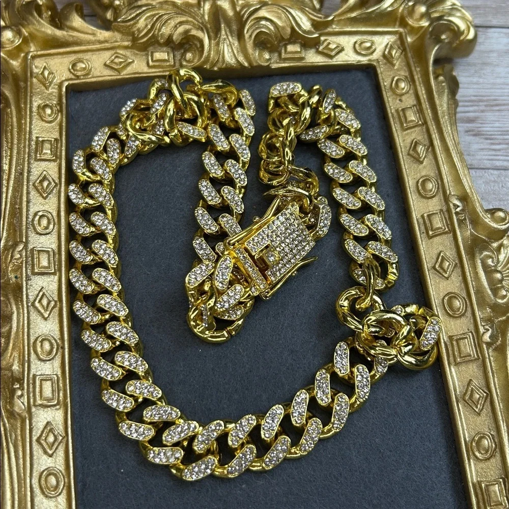 Stunning Gold Cuban Link Chain Necklace Adorned With Crystals